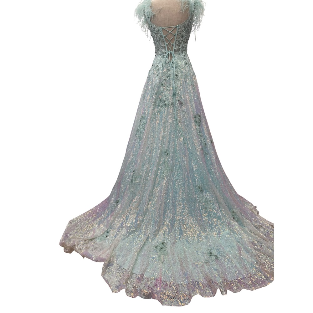 Sophia Thomas Prom Dress Women 4 Sequin Feather Lace Gala Gown D1